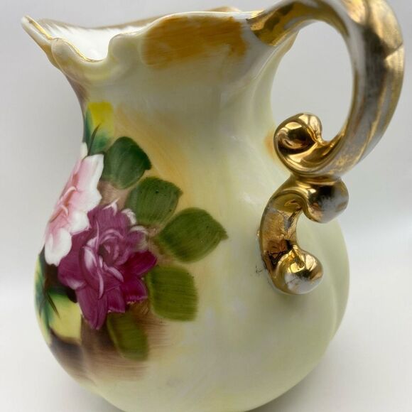 Vintage Porcelain Rose‑Pattern Pitcher with Gold Accents – Approx 6″x6.5 - Picture 7 of 8